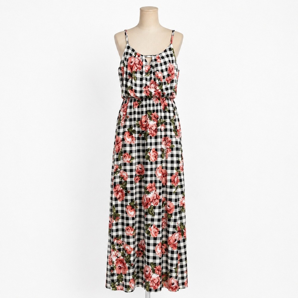 Cottagecore Floral Plaid Maxi Dress Size S Sleeveless Beach Vacation Resort Boho